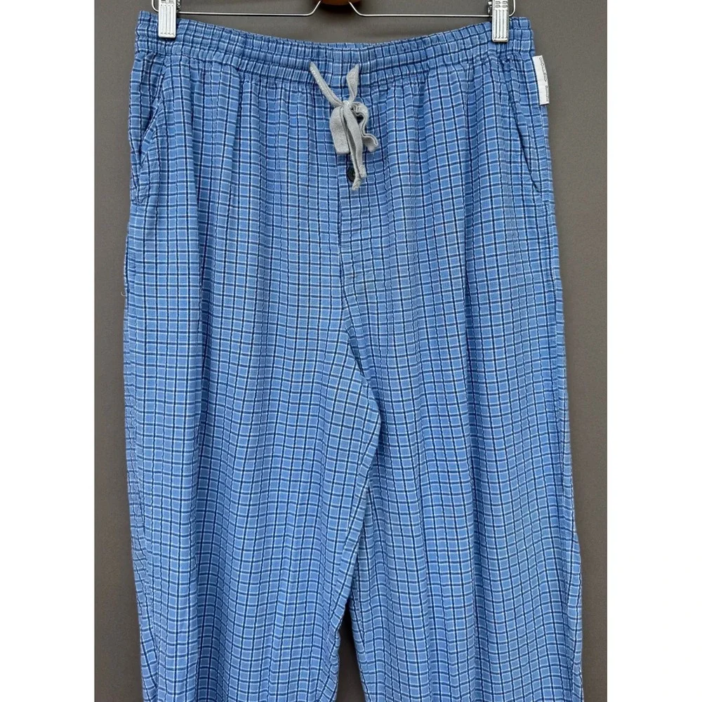 Geoffrey Beene Mens Pajama Pants Large Blue White Check 100% Cotton Lounge Sleep
